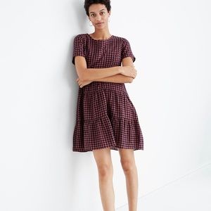 𝅺Madewell Short-Sleeve Tiered Mini Dress in Gingham Check